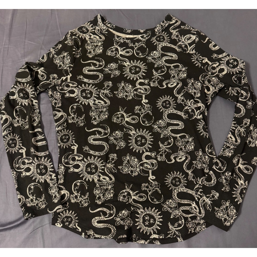 No Boundaries Celestial Sun Moon Snake Ribbed Lg Sleeve Top XL Black Y2K Gothic